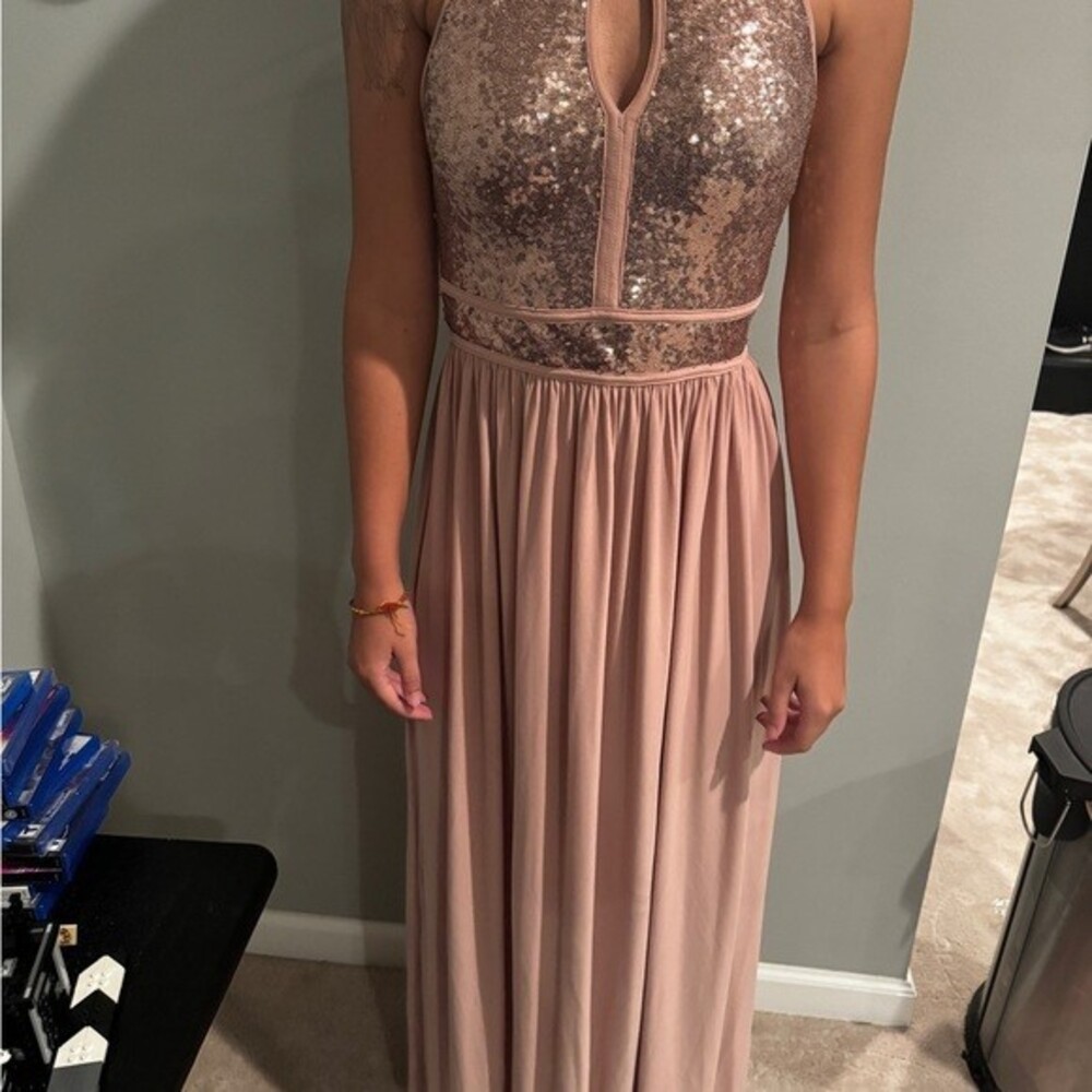 Morgan & Co. Sequin Halter Keyhole Maxi Dress in Blush Rose Pink Juniors Size 7